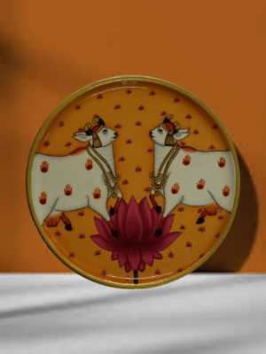 two holy cows facing each other pichwai wall hanging plate