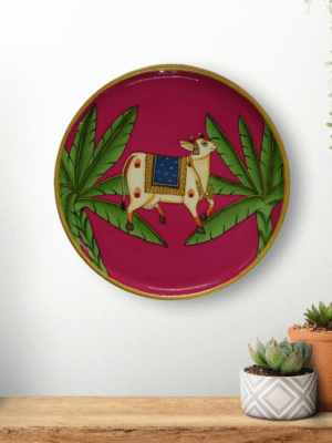 holy cow with banana tree pichwai wall hanging plate