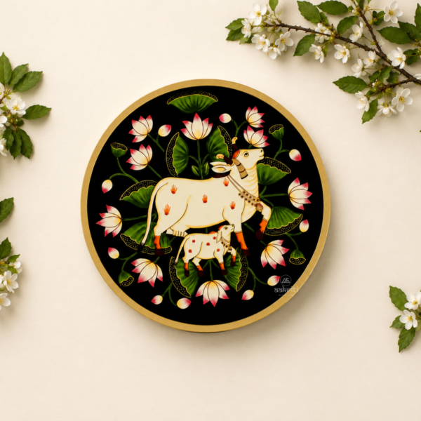 Sacred Cow With Calf Around Lotus Flowers Pichwai Plate