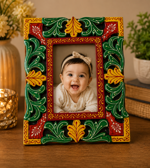 Multicolor Hand Carved Wooden Table Photo Frame