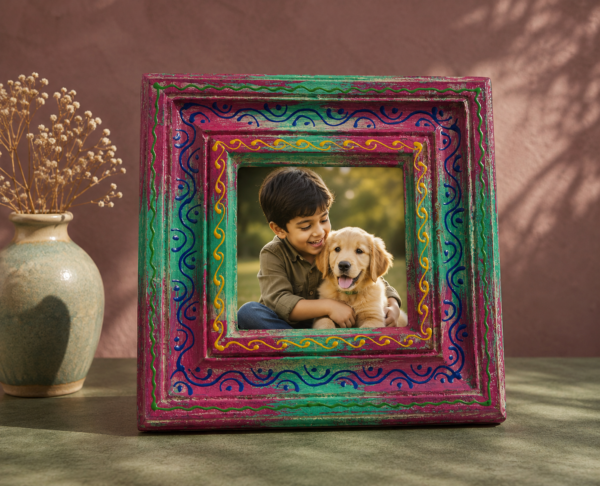Green And Pink Hand Painted Wooden Table Photo Frame