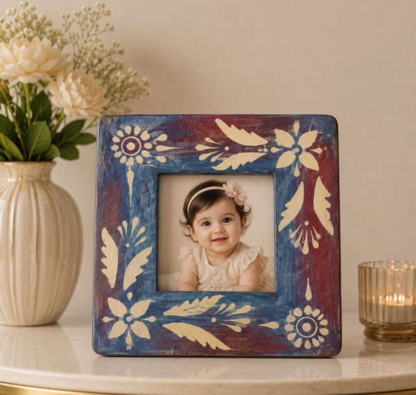 Blue Hand Painted Wooden Table Photo Frame
