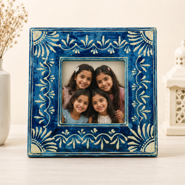 Blue Hand-Painted Wooden Table Photo Frame